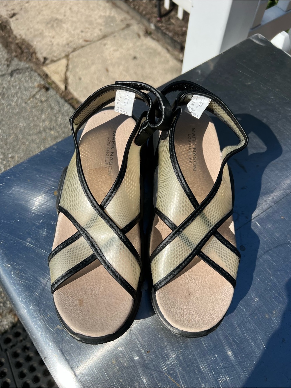 Mark Nason Beige and Black Crisscross Sandals